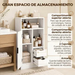 Armario de Baño con 2 Cajones Compartimento Abierto y Estantes Ajustables para Espacio Pequeño 50x25x100 cm Blanco - Ogal.Es