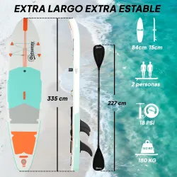 Tabla Paddle Surf Hinchable SUP Extra Largo de 335 cm con Asiento Remo Convertible Aletas Bomba y Mochila Carga ... - Ogal.Es