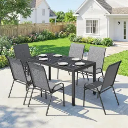 Conjunto de Mesa y Sillas Jardín con Mesa Metálica con Agujero y 6 Sillas Apilables Transpirables para Terraza Gris - Ogal.Es