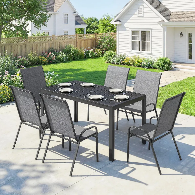 Conjunto de Mesa y Sillas Jardín con Mesa Metálica con Agujero y 6 Sillas Apilables Transpirables para Terraza Gris - Ogal.Es