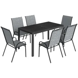 Conjunto de Mesa y Sillas Jardín con Mesa Metálica con Agujero y 6 Sillas Apilables Transpirables para Terraza Gris - Ogal.Es