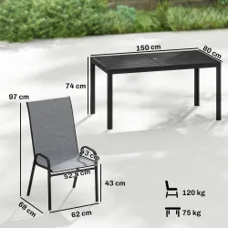 Conjunto de Mesa y Sillas Jardín con Mesa Metálica con Agujero y 6 Sillas Apilables Transpirables para Terraza Gris - Ogal.Es