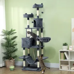 Árbol Rascador para Gatos Grande Altura 206 cm con Múltiples Niveles Cuevas Bolas Colgantes y Hamacas Gris Oscuro - Ogal.Es