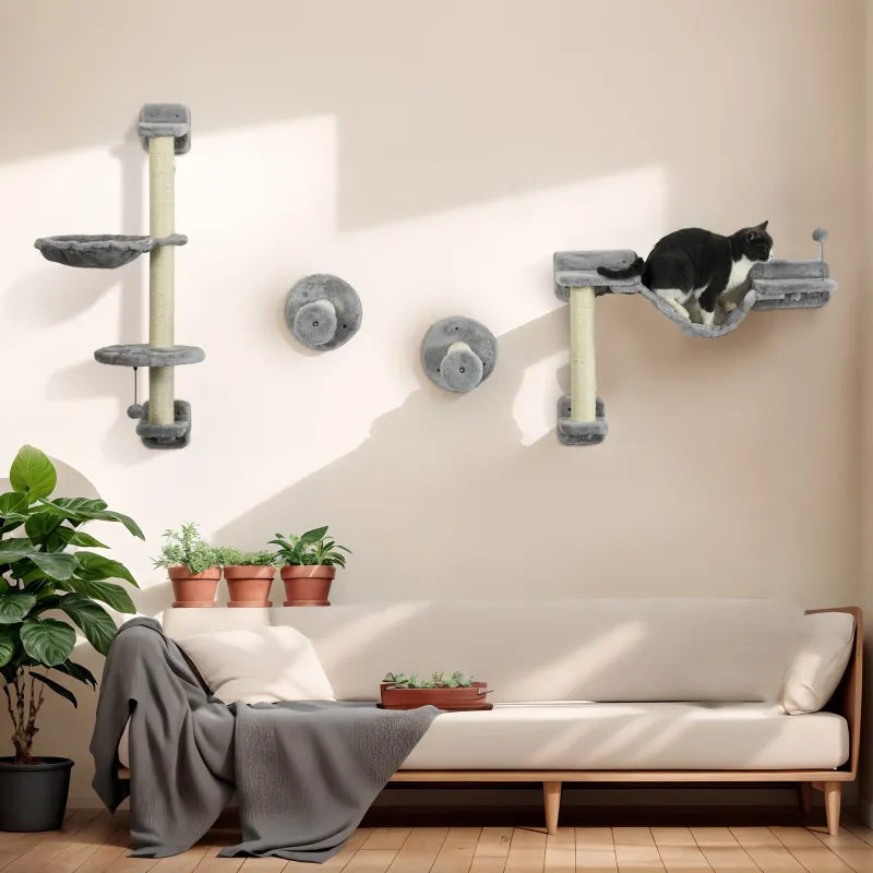 Juego de Escalada para Gatos de Pared 4 Piezas con Hamaca Bola Plataformas 84,5x19x54 cm Gris y Beige - Ogal.Es