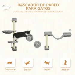 Juego de Escalada para Gatos de Pared 4 Piezas con Hamaca Bola Plataformas 84,5x19x54 cm Gris y Beige - Ogal.Es