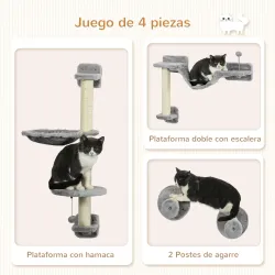 Juego de Escalada para Gatos de Pared 4 Piezas con Hamaca Bola Plataformas 84,5x19x54 cm Gris y Beige - Ogal.Es