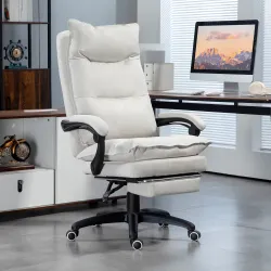 Silla de Escritorio con Masaje Altura Ajustable Respaldo Reclinable Reposapiés Giratoria 360° Crema - Ogal.Es