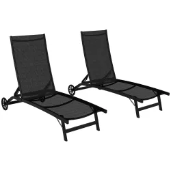 Lote de 2 tumbonas de aluminio y textileno con ruedas, respaldo reclinable carga máx. 150 kg Negro - Ogal.Es