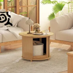 Mesa de centro redonda mesa de salón de bambú con almacenamiento oculto y puerta deslizante 60x45 cm Madera Natural - Ogal.Es