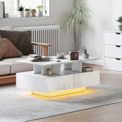 Mesa de Centro LED Moderna con 4 Cajones Estante Abierto y Luces LED de 16 Colores para Salón 90x55x41 cm Blanco... - Ogal.Es