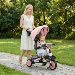 Triciclo Evolutivo 6 en 1 Plegable Asiento Giratorio de 360° Mango Parental Respaldo Reclinable Toldo Rosa - Ogal.Es