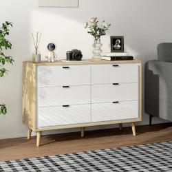 Cómoda 6 Cajones Cómoda Dormitorio con Patas de Madera Estilo Moderno 110x40x75 cm Blanco Brillo y Roble - Ogal.Es
