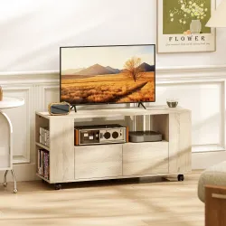 Mueble de TV con Ruedas para Televisión hasta 42 Pulgadas con 2 Cajones Estantes Ajustables Madera Natural - Ogal.Es
