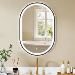 Espejo de Baño con Luz 60x90 cm Espejo de Pared Ovalado 3 Colores de Luz Brillo Regulable Función Antivaho Negro - Ogal.Es
