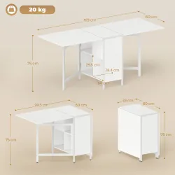 Mesa Plegable de Comedor con Alas Abatibles 4 Compartimentos 3 Formas para Cocina Salón 169x60x75 cm Blanco - Ogal.Es