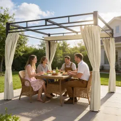 Pérgola de Jardín 3x3 m con Techo Retráctil y Cortinas Protección UV30+ Estructura Metálica para Patio Terraza B... - Ogal.Es