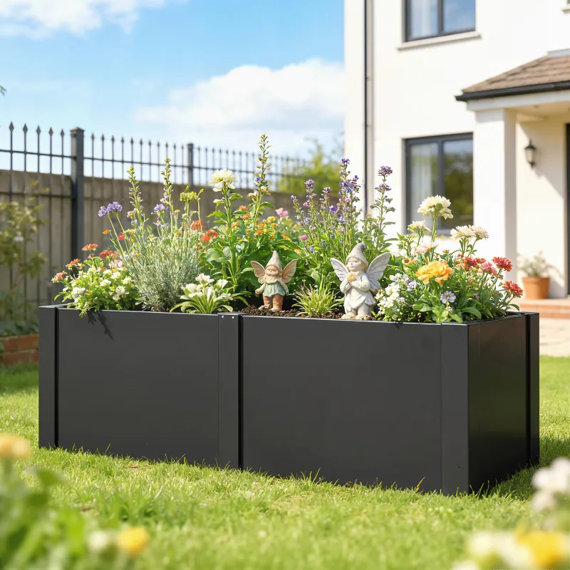 Huerto elevado de acero galvanizado, 150 x 53 x 55 cm, jardinera exterior con separador, Negro - Ogal.Es
