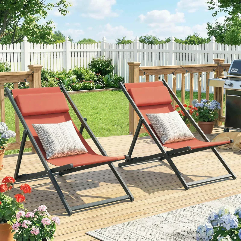 Lote de 2 tumbonas, tumbona plegable con reposacabezas en textilene reclinable 60 x 100 x 85 cm, rojo ladrillo - Ogal.Es
