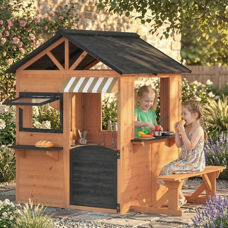 Casita Infantil Exterior e Interior de Madera con Cocina de Juguete y Banco de Picnic Ventanas de Servicio Marrón - Ogal.Es