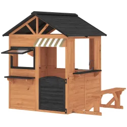 Casita Infantil Exterior e Interior de Madera con Cocina de Juguete y Banco de Picnic Ventanas de Servicio Marrón - Ogal.Es