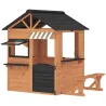 Casita Infantil Exterior e Interior de Madera con Cocina de Juguete y Banco de Picnic Ventanas de Servicio Marrón - Ogal.Es