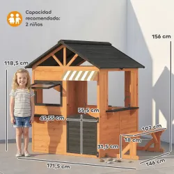 Casita Infantil Exterior e Interior de Madera con Cocina de Juguete y Banco de Picnic Ventanas de Servicio Marrón - Ogal.Es