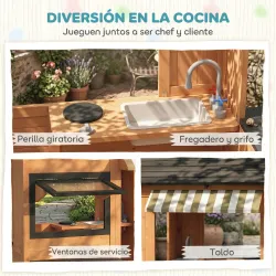 Casita Infantil Exterior e Interior de Madera con Cocina de Juguete y Banco de Picnic Ventanas de Servicio Marrón - Ogal.Es
