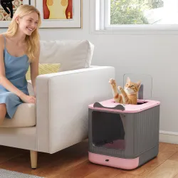 Arenero para Gatos Cubierto M con Tapa Abatible Salida Superior Pala Bolsas Desodorantes Fácil de Limpiar Rosa - Ogal.Es