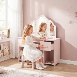 Tocador de Maquillaje Niñas con Taburete 3 Espejos Desmontables 2 Cajones 2 Armarios 7 Accesorios para +3 Años Rosa - Ogal.Es