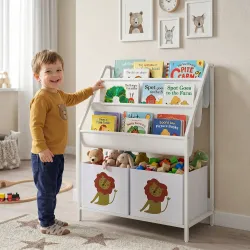 Librería Infantil de 4 Niveles Estantería para Libros con 3 Estantes 2 Cajones de Tela con Diseño de León Blanco - Ogal.Es