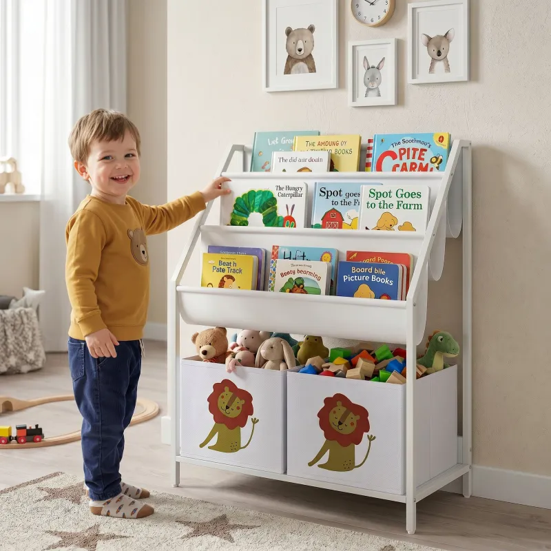 Librería Infantil de 4 Niveles Estantería para Libros con 3 Estantes 2 Cajones de Tela con Diseño de León Blanco - Ogal.Es