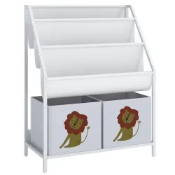 Librería Infantil de 4 Niveles Estantería para Libros con 3 Estantes 2 Cajones de Tela con Diseño de León Blanco - Ogal.Es