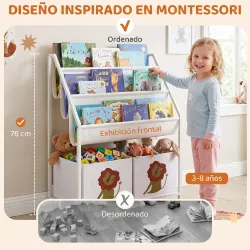 Librería Infantil de 4 Niveles Estantería para Libros con 3 Estantes 2 Cajones de Tela con Diseño de León Blanco - Ogal.Es