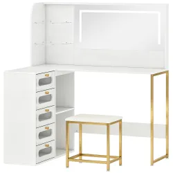 Tocador de Maquillaje con Espejo Luces LED Taburete 5 Cajones 2 Compartimentos y 2 Estantes de Cristal Blanco - Ogal.Es