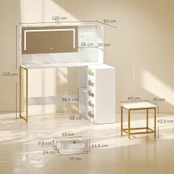 Tocador de Maquillaje con Espejo Luces LED Taburete 5 Cajones 2 Compartimentos y 2 Estantes de Cristal Blanco - Ogal.Es