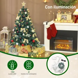 Árbol de Navidad 150 cm con Adornos 150 Luces LED Blanco Cálido 8 Modos de Iluminación 480 Ramas Verde - Ogal.Es