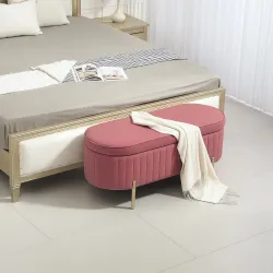 Banco para Pie de Cama con Almacenaje Tapizado en Terciopelo Patas Doradas y Diseño Elegante Ovalado 107x42x45,5... - Ogal.Es