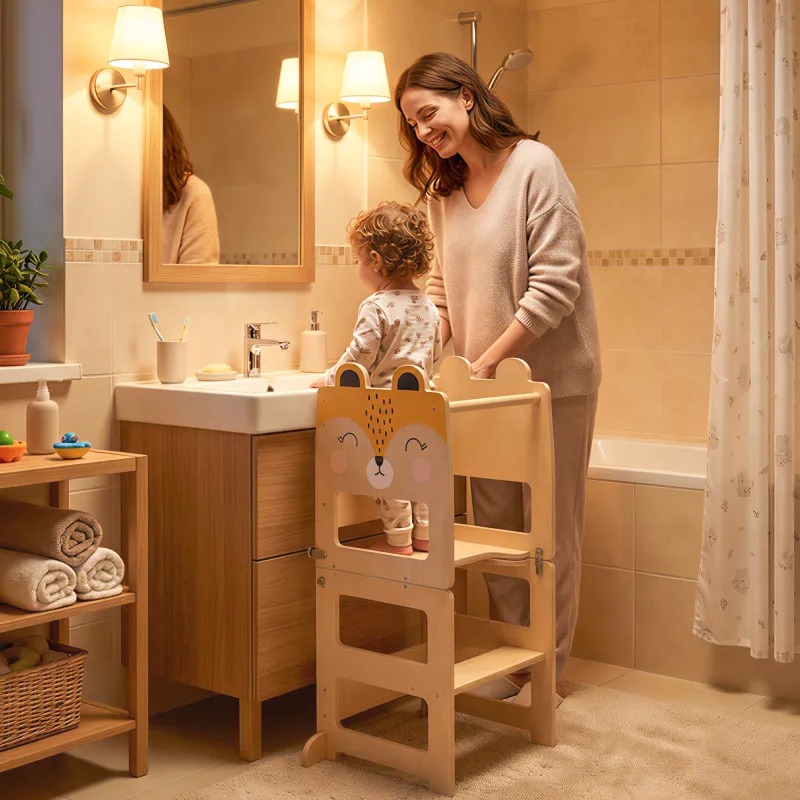 Torre de Aprendizaje 3 en 1 Plegable Convertible en Escritorio y Silla con Pizarra Dibujos de Zorros Natural - Ogal.Es