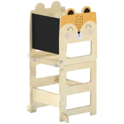 Torre de Aprendizaje 3 en 1 Plegable Convertible en Escritorio y Silla con Pizarra Dibujos de Zorros Natural - Ogal.Es