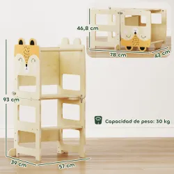 Torre de Aprendizaje 3 en 1 Plegable Convertible en Escritorio y Silla con Pizarra Dibujos de Zorros Natural - Ogal.Es