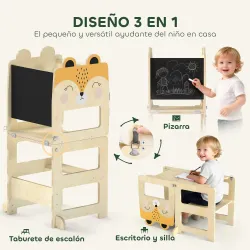 Torre de Aprendizaje 3 en 1 Plegable Convertible en Escritorio y Silla con Pizarra Dibujos de Zorros Natural - Ogal.Es
