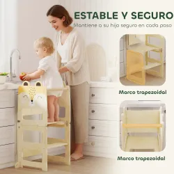 Torre de Aprendizaje 3 en 1 Plegable Convertible en Escritorio y Silla con Pizarra Dibujos de Zorros Natural - Ogal.Es