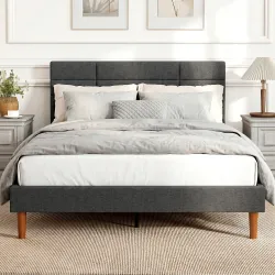 Cama Tapizada 140x200 cm con Cabecero Acolchado de Rejilla Almacenaje Inferior Láminas de Madera Gris - Ogal.Es
