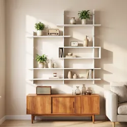 Estantería Flotante de Pared Geométrica con 4 Niveles y Compartimento Central Blanca - Ogal.Es
