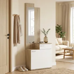 Recibidor de Entrada con Espejo Zapatero Abatible Cajón Mesa Pequeña 61x30x170 cm Blanco - Ogal.Es