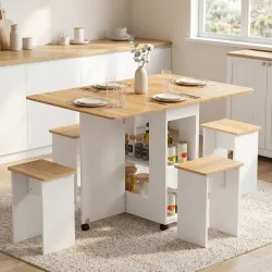 Conjunto Mesa de Comedor Plegable y 4 Taburetes Ocultos 2 Alas Abatibles Ruedas Estantes Roble - Ogal.Es