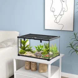 Terrario para Reptiles de Vidrio con Termómetro Cuenco de Agua para Lagartos Serpientes Arañas 50x30x25 cm Negro - Ogal.Es