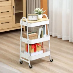 Carrito de Cocina con 3 Cestas de Acero y 1 Placa de Cubierta para Comedor Sala Baño 45x31x79,4 cm Blanco - Ogal.Es