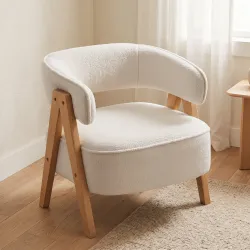 Butaca de Salón Tapizada en Borreguito Acolchada Gruesa Patas de Madera Respaldo Curvado 70x64x71 cm Blanco - Ogal.Es