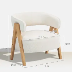 Butaca de Salón Tapizada en Borreguito Acolchada Gruesa Patas de Madera Respaldo Curvado 70x64x71 cm Blanco - Ogal.Es